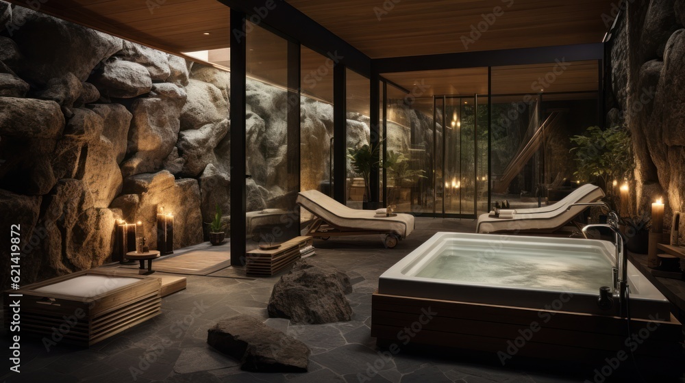 Spa retreat within the villa, complete with a sauna, steam room, massage rooms, and a relaxation lounge. Spa retreat within the villa, complete with a sauna, steam room, massage rooms, and a relaxation lounge.