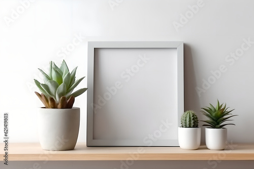 Scandinavian room interior with mock up photo frame on the brown bamboo shelf with beautiful plants. Interior poster mockup with vertical wooden frame in home interior background. © AspctStyle