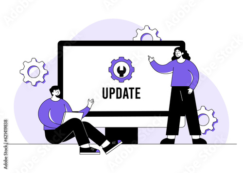 Computer with software update screen flat vector illustration, System maintenance, update process, install software, operating system, PC bug fixing, System or web application upgrade procedure