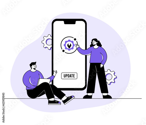 Smartphone with software update screen flat vector illustration, System maintenance, update process, install software, operating system, PC bug fixing, System or web application upgrade procedure
