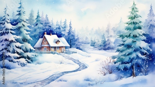 Watercolor composition with winter landscape. Little house, trees, snow, pine. Village cottage, nature.