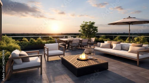 Spacious rooftop terrace that offers breathtaking panoramic views of the surrounding landscape. Include comfortable seating, a barbecue area, and lush greenery to create a perfect space for relaxation © Damian Sobczyk