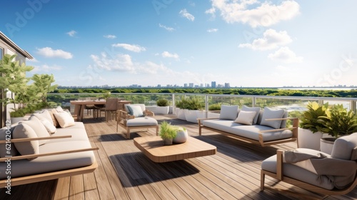 Spacious rooftop terrace that offers breathtaking panoramic views of the surrounding landscape. Include comfortable seating  a barbecue area  and lush greenery to create a perfect space for relaxation