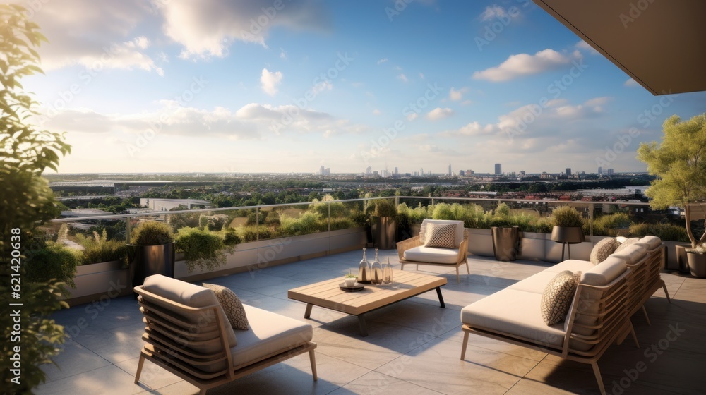 Fototapeta premium Spacious rooftop terrace that offers breathtaking panoramic views of the surrounding landscape. Include comfortable seating, a barbecue area, and lush greenery to create a perfect space for relaxation
