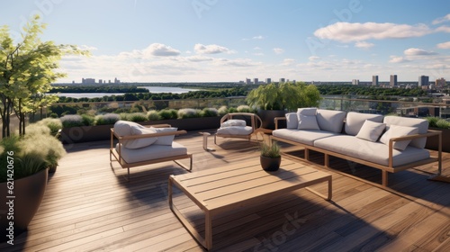 Spacious rooftop terrace that offers breathtaking panoramic views of the surrounding landscape. Include comfortable seating  a barbecue area  and lush greenery to create a perfect space for relaxation