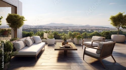 Spacious rooftop terrace that offers breathtaking panoramic views of the surrounding landscape. Include comfortable seating, a barbecue area, and lush greenery to create a perfect space for relaxation © Damian Sobczyk