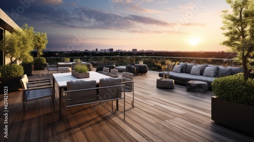 Spacious rooftop terrace that offers breathtaking panoramic views of the surrounding landscape. Include comfortable seating  a barbecue area  and lush greenery to create a perfect space for relaxation