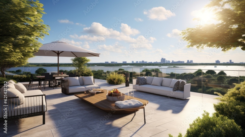 Spacious rooftop terrace that offers breathtaking panoramic views of the surrounding landscape. Include comfortable seating, a barbecue area, and lush greenery to create a perfect space for relaxation Spacious rooftop terrace that offers breathtaking panoramic views of the surrounding landscape. Include comfortable seating, a barbecue area, and lush greenery to create a perfect space for relaxation