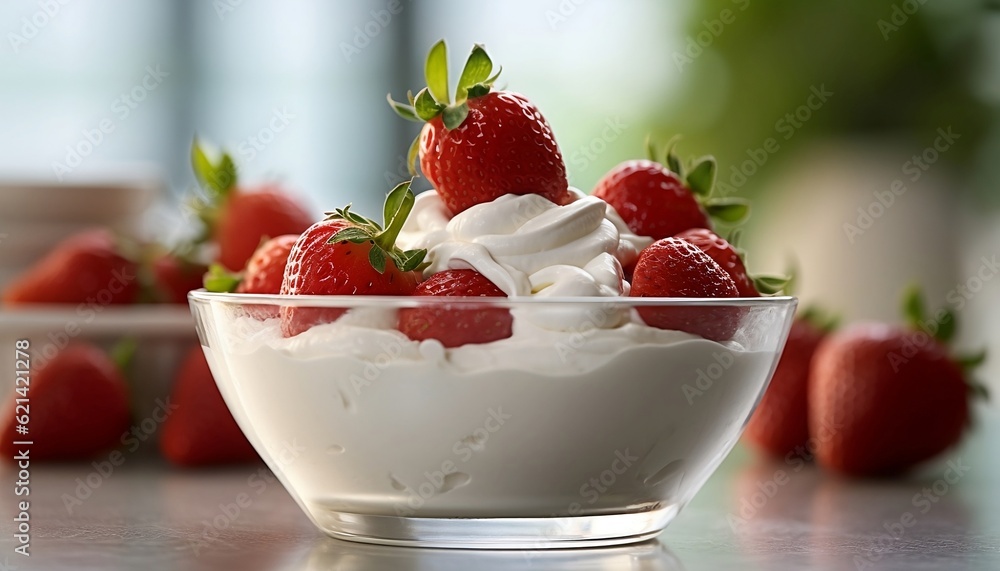 Gourmet photography on a light background of a bowl of strawberries topped with whipped cream Generative AI Gourmet photography on a light background of a bowl of strawberries topped with whipped cream Generative AI