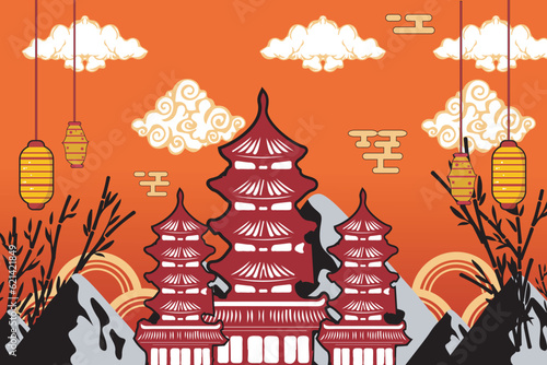 vector of ancient china temple buildings and china cloud mountains, lanterns and Chinese elements