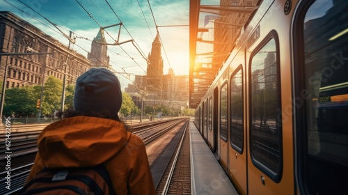 traveler on a train journey through a city generative ai