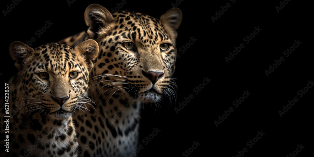 Portrait of two leopards or jaguars on an isolated black background. Generative AI Portrait of two leopards or jaguars on an isolated black background. Generative AI