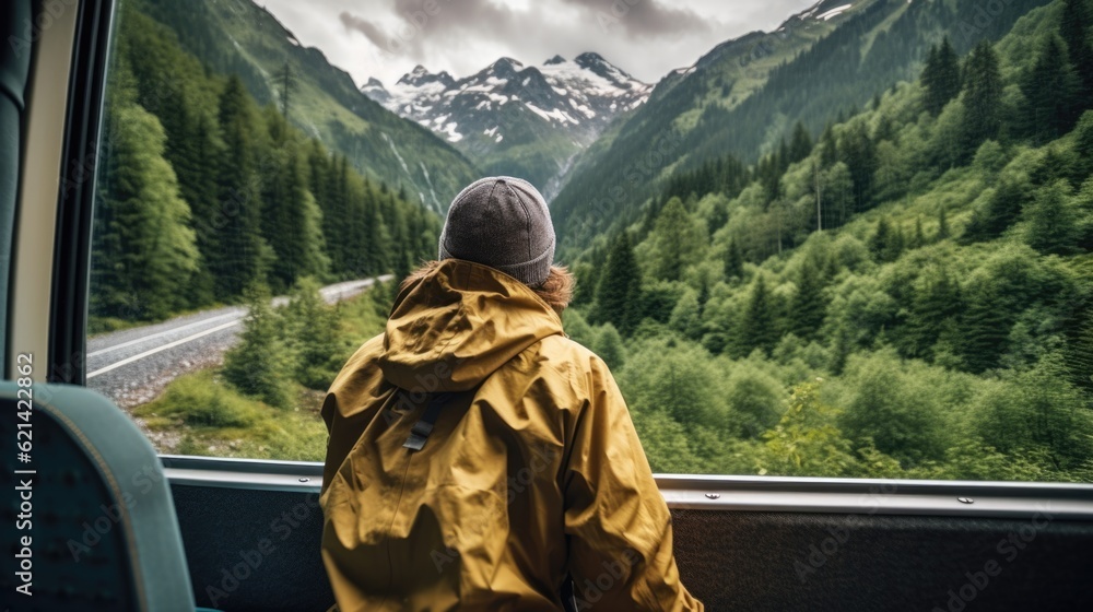 traveler on a train journey through a mountain pass generative ai traveler on a train journey through a mountain pass generative ai