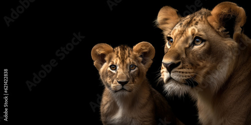 Portrait of a lioness and her cub together next to each other, close-up and on an isolated black background. Generative AI