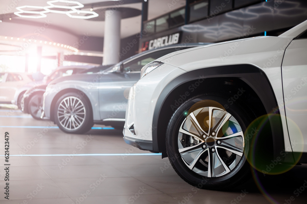 Beautiful Car dealership showroom interior with brand new vehicles for sale. White floor for new car parking, showroom, park, show waiting for sales. Beautiful Car dealership showroom interior with brand new vehicles for sale. White floor for new car parking, showroom, park, show waiting for sales.
