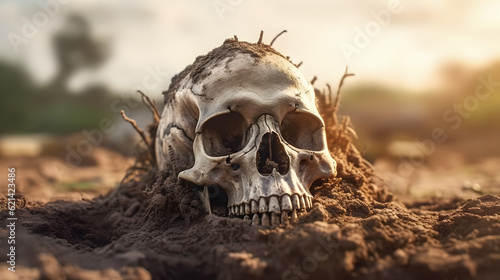 Skull of human was buried in soil . Created by generative AI .