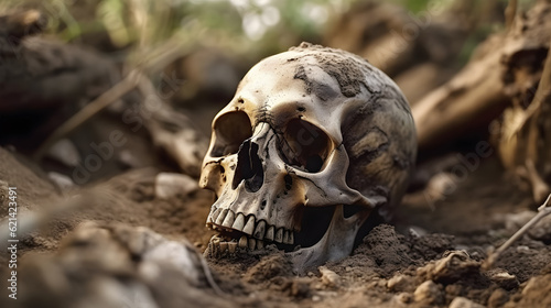 Skull of human was buried in soil . Created by generative AI .