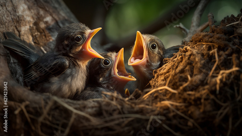 Generative AI image of a nest brimming with famished bird hatchlings, their mouths wide open, eagerly awaiting a meal from their parents. © hmzphotostory