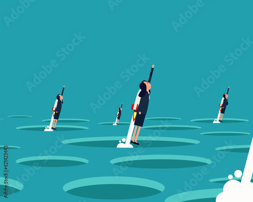 Team success out from trap. Vector illustration trapped business concept