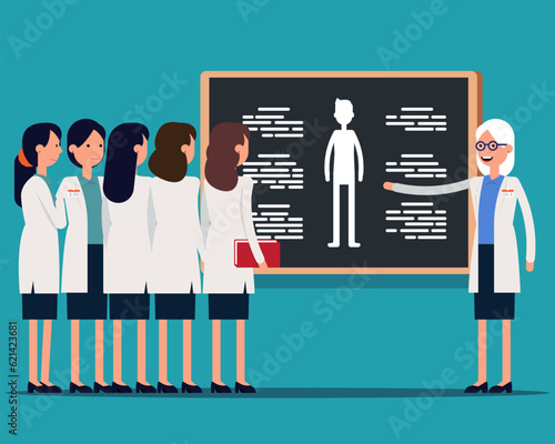 Science professor explaining anatomy on class blackboard. Vector illustration Intern students concept