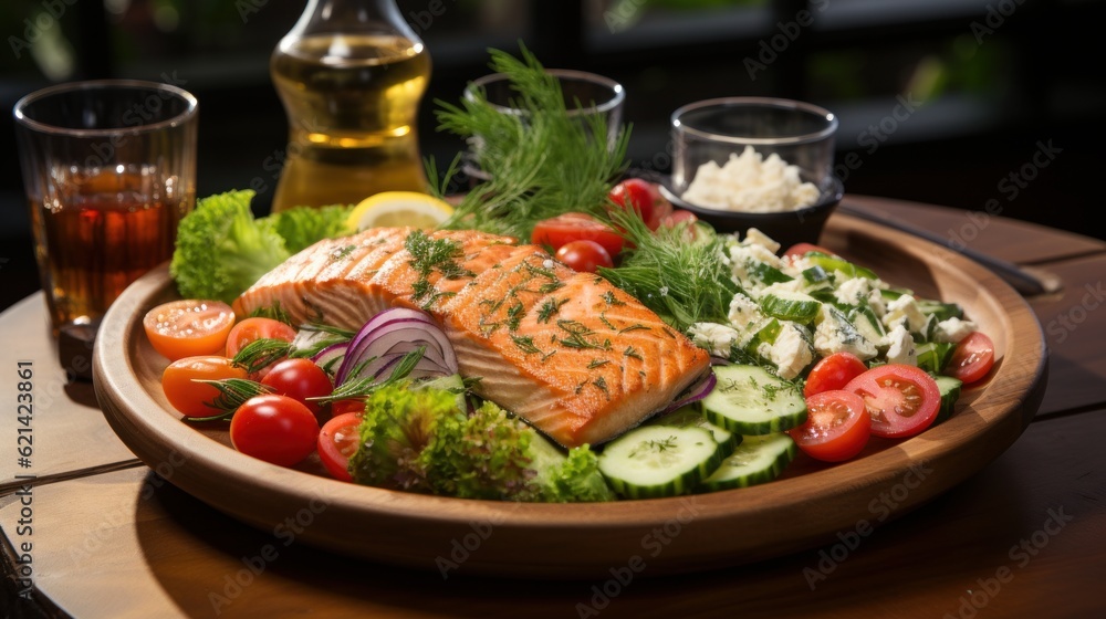 The image of lunch, Greek Salad with Feta Cheese, Olives and Grilled Salmon