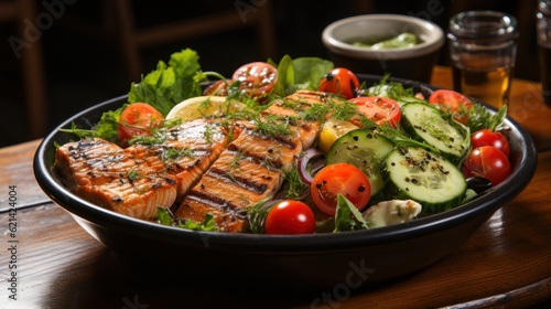 The image of lunch, Greek Salad with Feta Cheese, Olives and Grilled Salmon