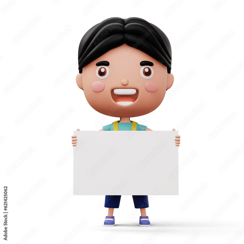 Happy child with bag holding blank white board, cute boy cartoon character, 3d rendering