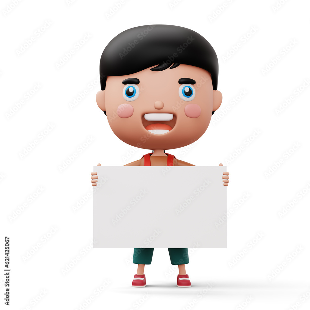 Happy child with bag holding blank white board, cute boy cartoon character, 3d rendering Happy child with bag holding blank white board, cute boy cartoon character, 3d rendering