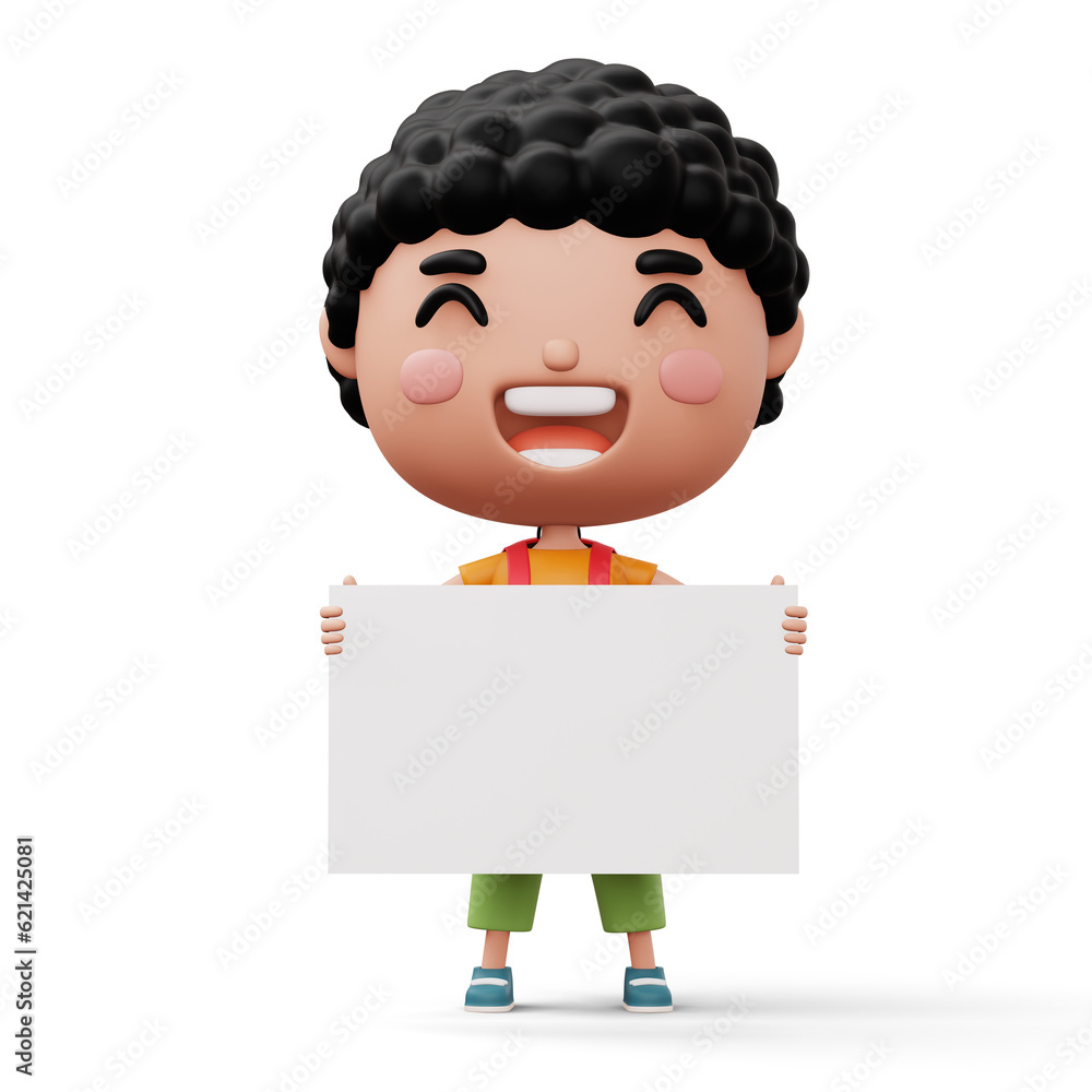 Happy child with bag holding blank white board, cute boy cartoon character, 3d rendering Happy child with bag holding blank white board, cute boy cartoon character, 3d rendering