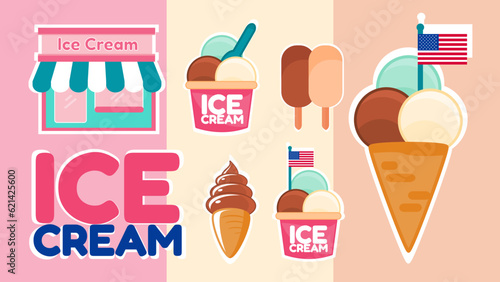 Collection Sticker of Shop, Text ice-cream, cup, cones and popsicle suitable for national ice cream day and graphic resources 