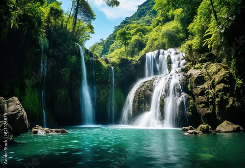 Jungle waterfall cascade in tropical rainforest