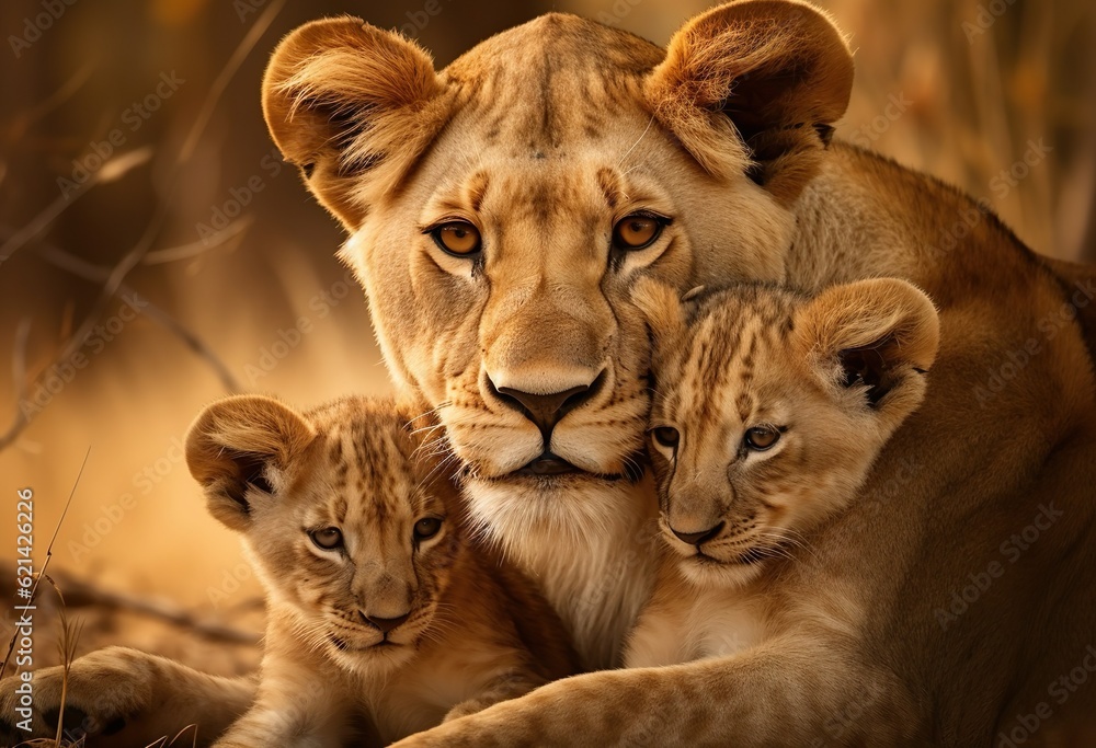 Obraz premium Depict a lioness and her cubs in a tender moment