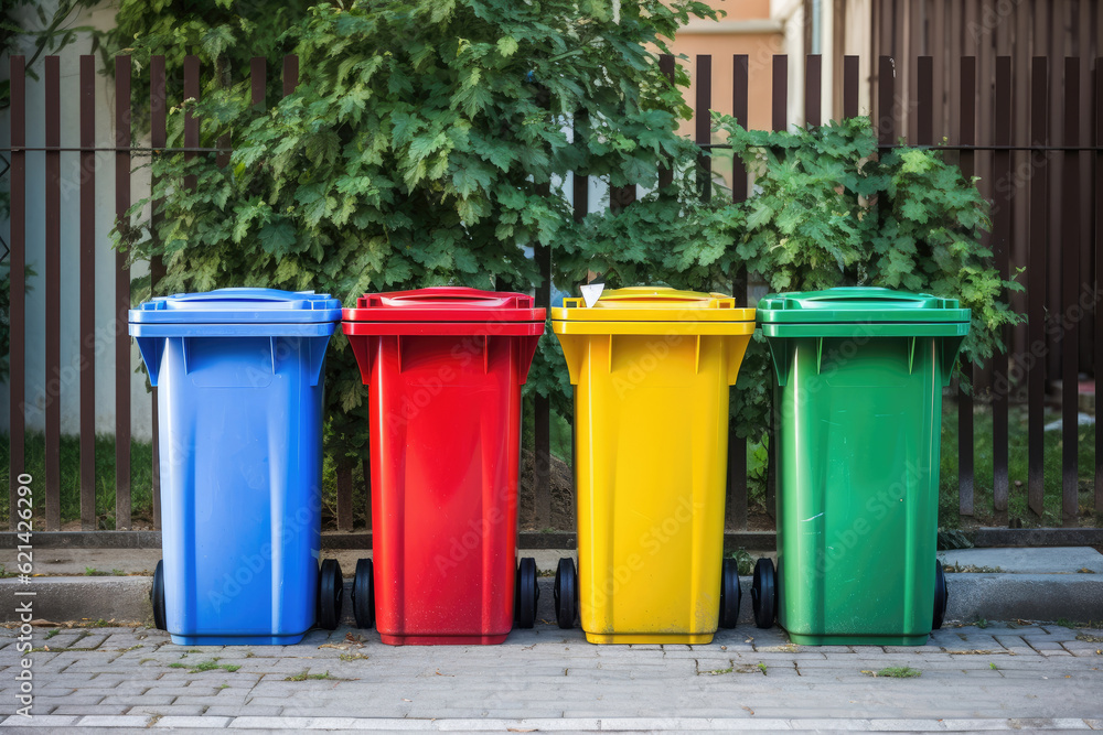 Colored recycling bins on the street, Generative AI Colored recycling bins on the street, Generative AI