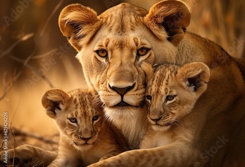 Depict a lioness and her cubs in a tender moment