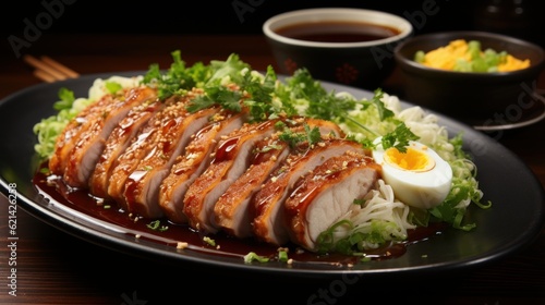 Real picture tonkatsu sprinkled with shredded cabbage with a soft - boiled egg on the side