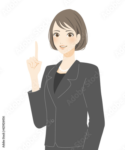 Obraz na płótnie 黒いスーツを着た女性のイラスト 指差しポイント w salonie