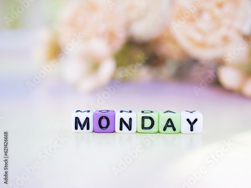 Monday alphabet letters with blurred purple flowers