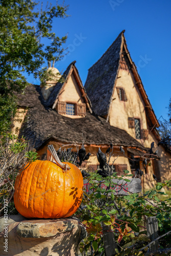 halloween pumpkin in front of witch's house