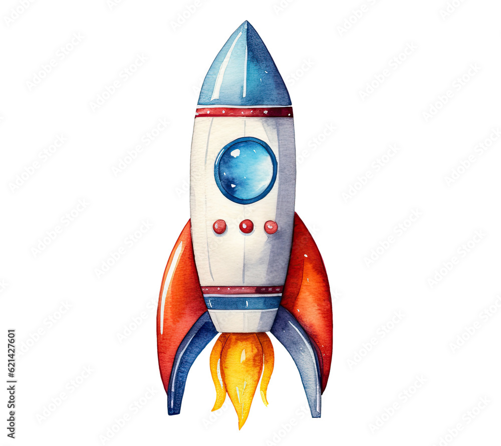 Watercolor illustration of flying rocket isolated on transparent ...