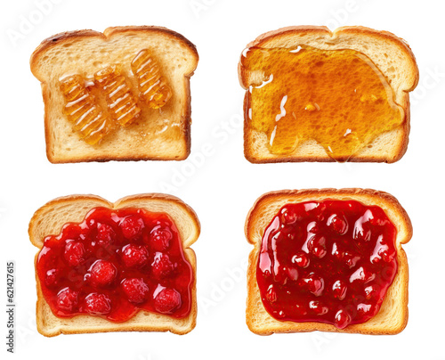 Toasts with jam and with honey isolated on transparent background, food for Breakfast photo