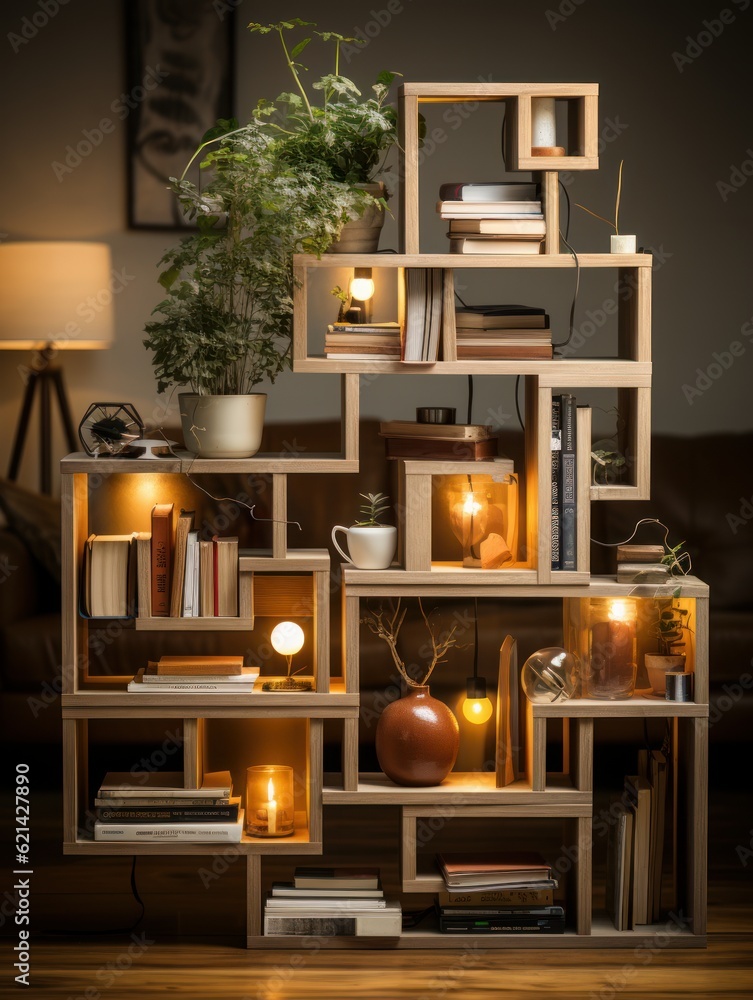 Photoshoot of a minimalist bookshelf made from light wood, 4k, real, cool, stylish, classic