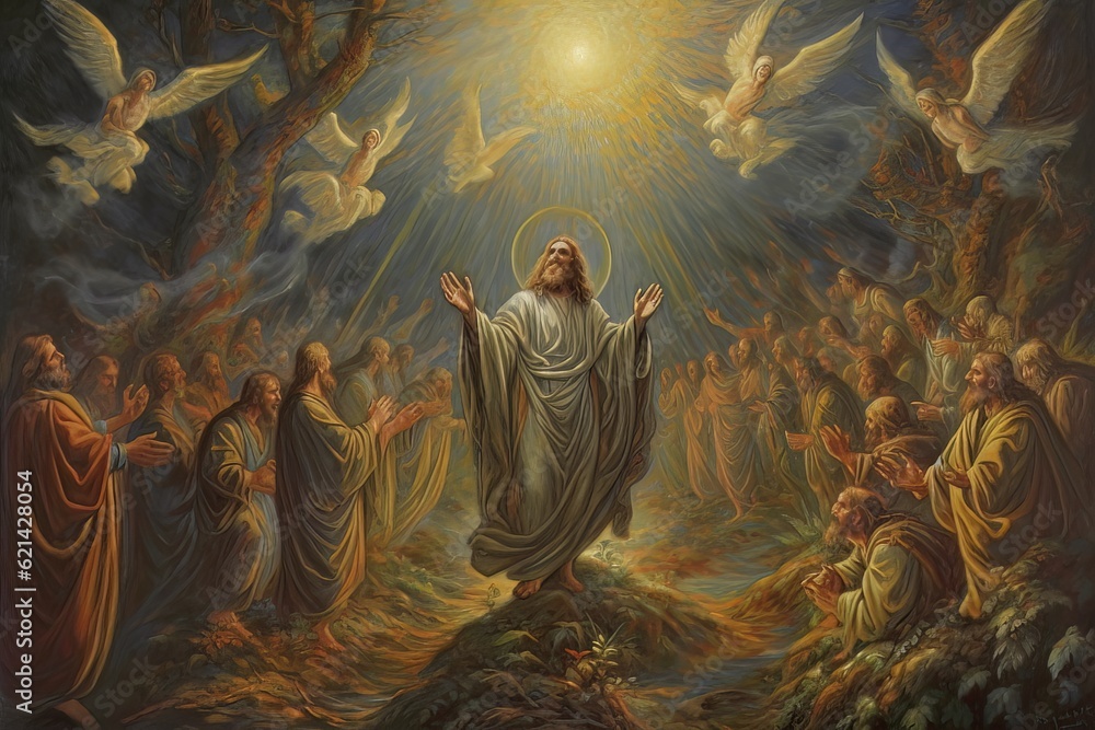 Biblical scene of the ascension of Jesus Christ over the believers AI