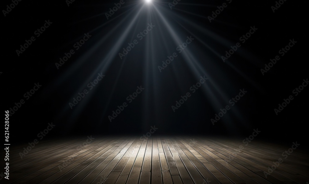 Empty dark stage with spotlight ad wooden floor - obrazy, fototapety, plakaty 