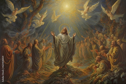 Obraz na plátně Biblical scene of the ascension of Jesus Christ over the believers AI