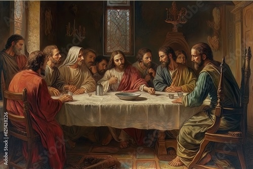 Obraz na płótnie Abstract church religious fresco based on the Last Supper AI