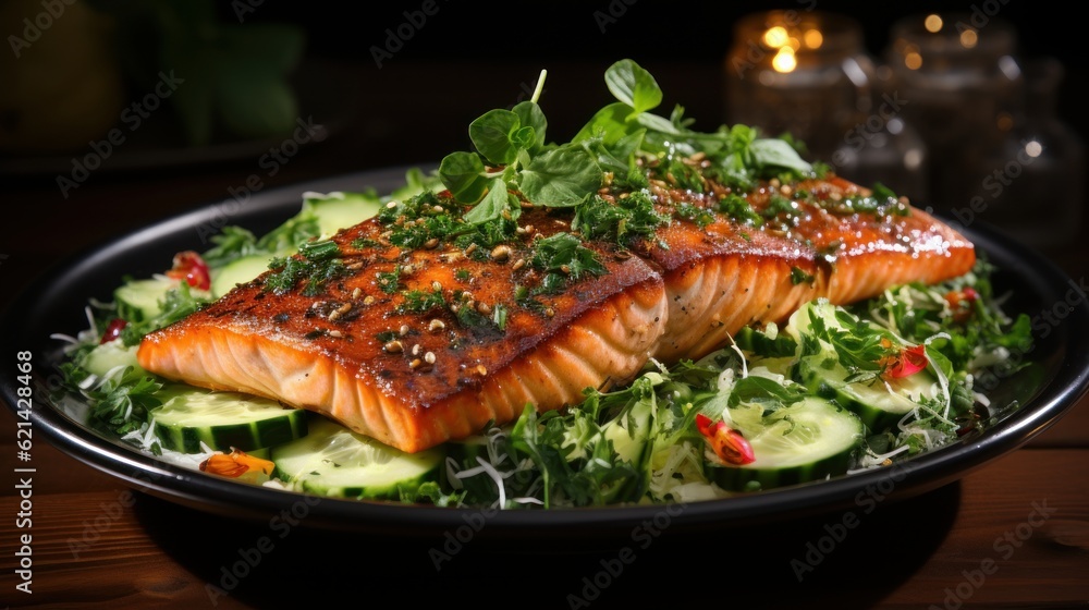 Pan - seared salmon on cucumber salad food photo.