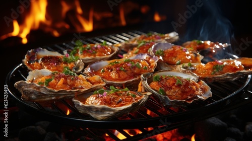 Food photography  grilled oysters  cooked on a grassy BBQ  shot on top of a real grill  surrounded by flames and grates 