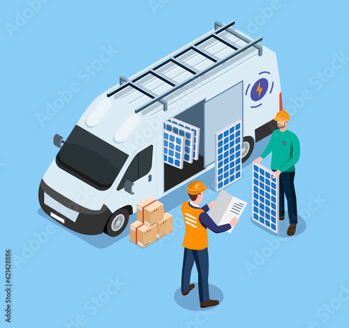 Solar panels installation service. Installing a renewable energy system to the grid is a construction technician worker's job. generating clean electricity. Vector eps10