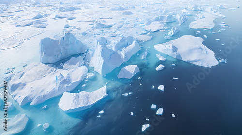 Travel wild nature with a large body of water surrounded by icebergs and Blue Ice. Climate change and global warming concept. Generative ai