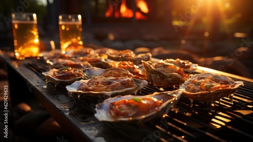 Food photography, grilled oysters, cooked on a grassy BBQ, shot on top of a real grill, surrounded by flames and grates, with two craft beers placed on a table not far in the background,